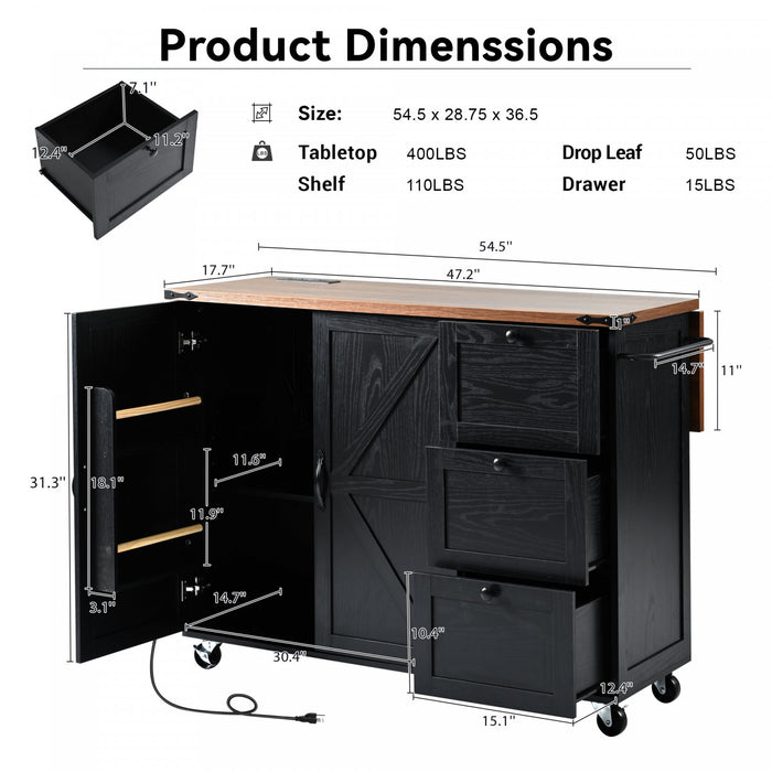 Chariot De Cuisine Sherry 54,5\" En Bois Reconstitue Avec Prise Electrique Et Rangement - Noir