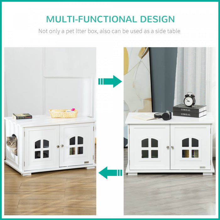 Pawhut Boite A Litiere Pour Chat Meuble Cache Pour Chat Toilette Interieure Pour Chat Table De Nuit A Double Porte Table D'extremite Avec Fenetre Pour Chat Blanc