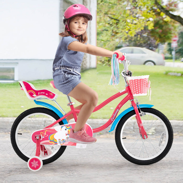 Costway 18\" Velo Pour Enfants De 4 A 8 Ans Avec Siege De Poupee Panier Et Streamers Colores Kickstand Rose