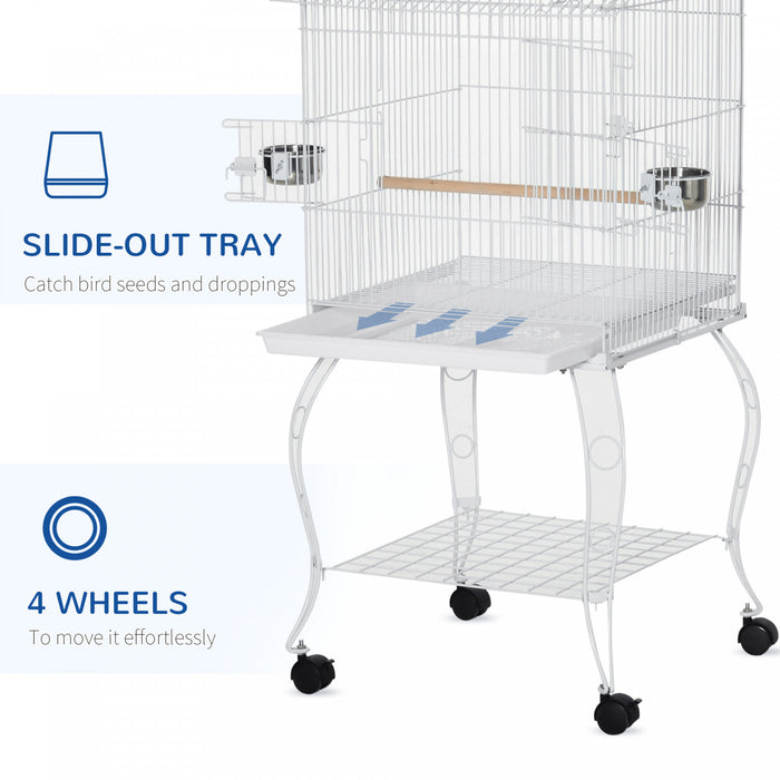 Pawhut Grande Cage A Oiseaux En Metal De 54'' Avec Support Roulant Detachable, Etagere De Rangement, Perchoir En Bois, Contenant A Nourriture, Blanc