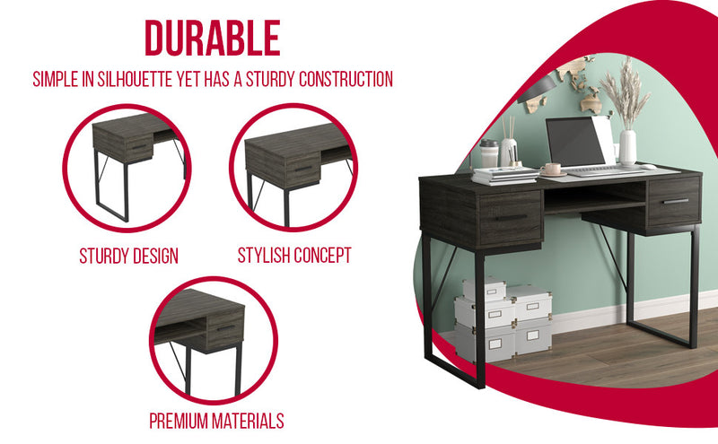 Bureau d’ordinateur de 43 po avec 2 tiroirs et 1 tablette - gris foncé avec base en métal noir