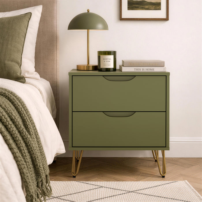Table de nuit Rockefeller Mid-Century Modern 20\" en vert olive (2 tiroirs)