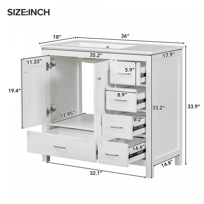 Meuble de salle de bain moderne Derek 36 pouces avec lavabo ceramique et rangement multiple, blanc