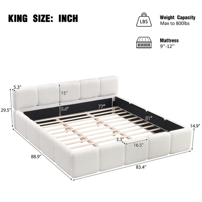 Lit plateforme Aiden avec cadre rembourre de soutien en tissu boucle, taille King, blanc