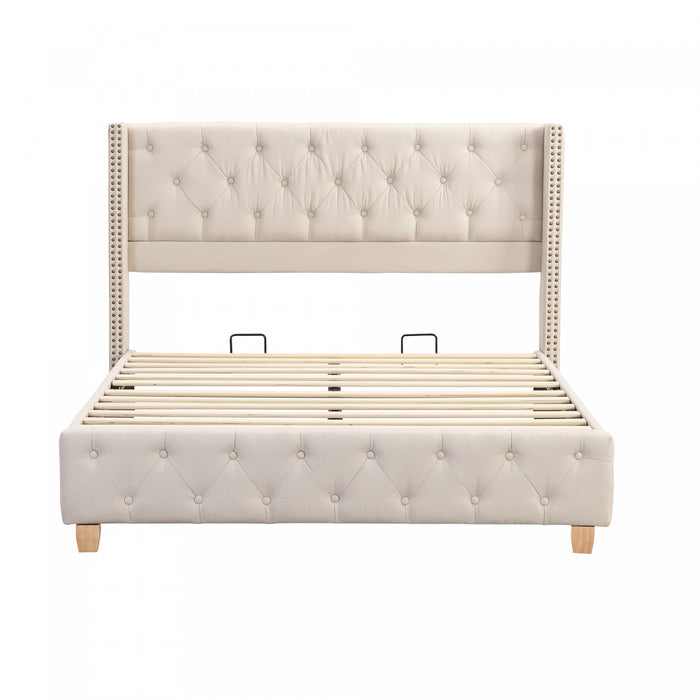 Lit plateforme en lin Haley avec tete de lit a ailes classiques et capitonnage en diamant, taille Full, beige