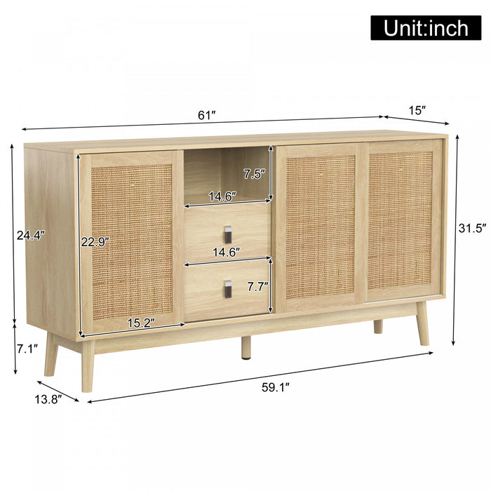 Oliver 61\" Buffet avec Portes Coulissantes en Rattan et Tiroirs, Naturel