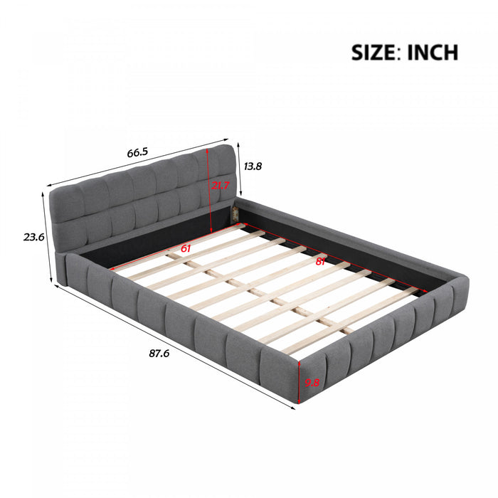 Lit plateforme rembourre Jessica avec tissu en lin confortable et cadre robuste, taille Queen, gris