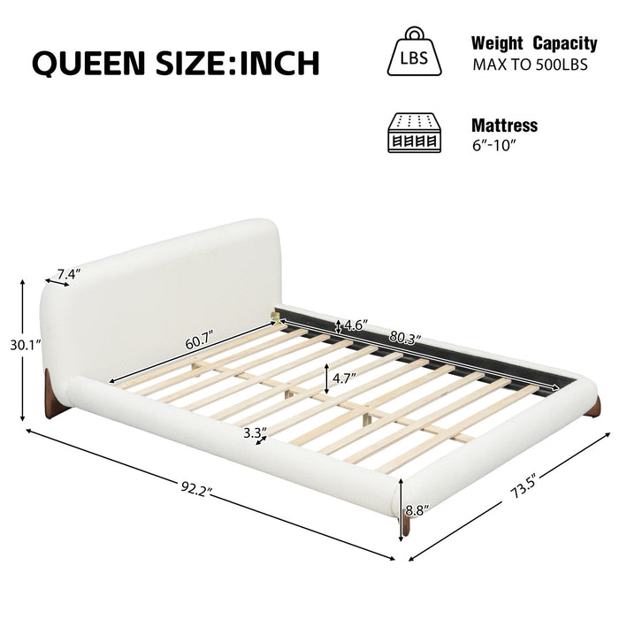 Cadre de lit plateforme Emma a profil bas avec tete de lit courbee et revetement en boucle, taille king, blanc creme