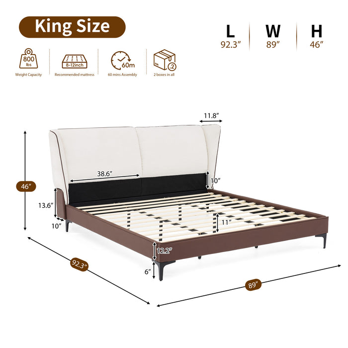 Le lit plateforme Ava en polaire Teddy avec tete de lit a oreilles et revetement en simili cuir, taille King, couleur blanche
