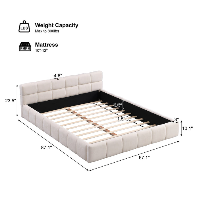 Eleanor Lit elegant avec revetement en chenille et design a damier, Taille Queen, Beige