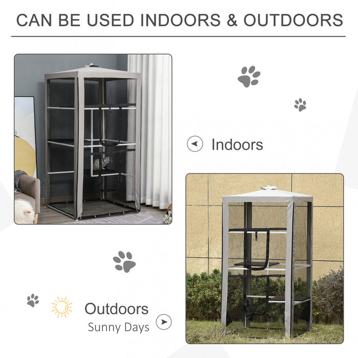 Pawhut Grand Enclos Exterieur Pour Chat Chaton Maison Cage Interieure Chenil Pour Animaux De Compagnie Parc Avec 3 Plateformes Porte 4 Sacs De Sable 39\" X 39\" X 79\"