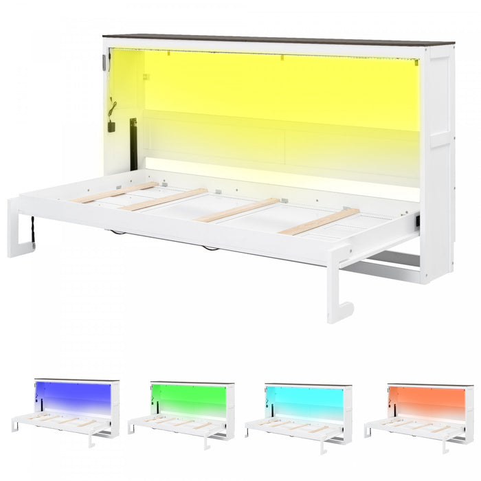 Lit escamotable Olivia en bois massif avec lumiere LED et armoire pliante, taille simple, blanc