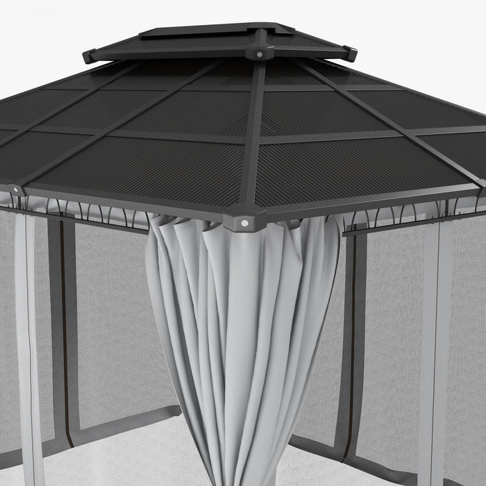 Outsunny 10' X 12' Gazebo Exterieur, Gazebo A Double Toit Rigide Avec Toit En Polycarbonate, Cadre En Acier, Filets Et Rideaux, Pour Le Jardin, La Pelouse, L'arriere-cour Et La Terrasse, Gris Clair