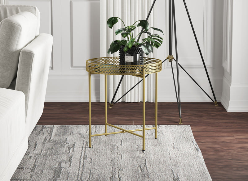 Table de bout avec miroir - dessus doré de forme ronde 