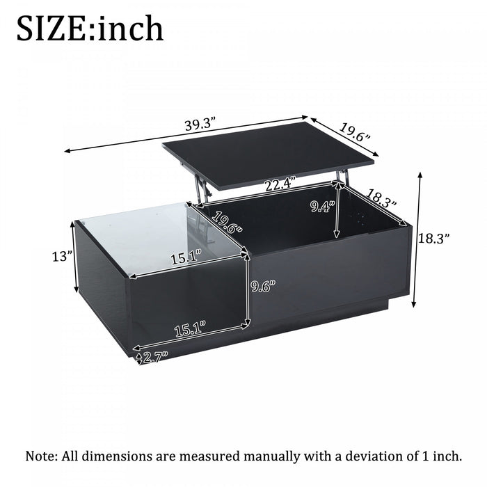 James table basse relevable – table avec rangement cache et eclairage LED, noir