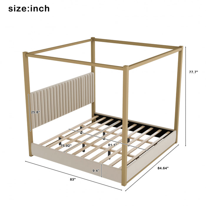 Lit plateforme Sophia a baldaquin avec tete de lit en mousse et velours, taille king, beige
