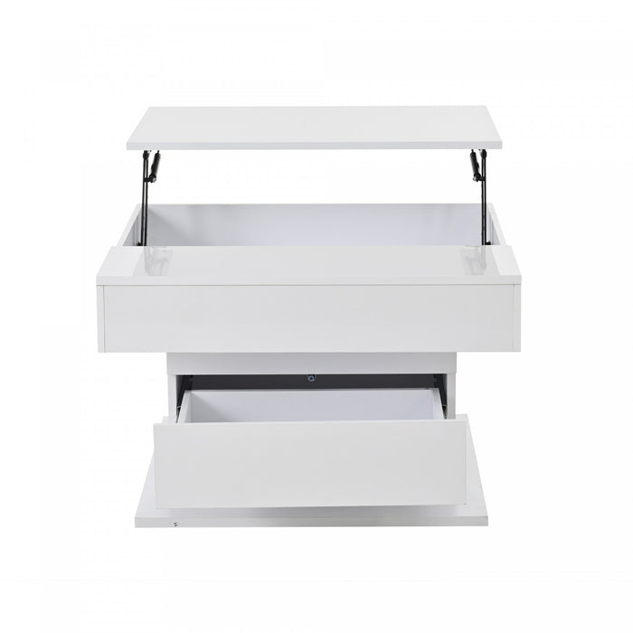 Noah table basse relevable et pivotante – table avec tiroir et espace de rangement, blanc