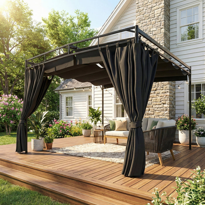 Outsunny Pergola retractable 3 x 3 m, auvent exterieur avec rideaux