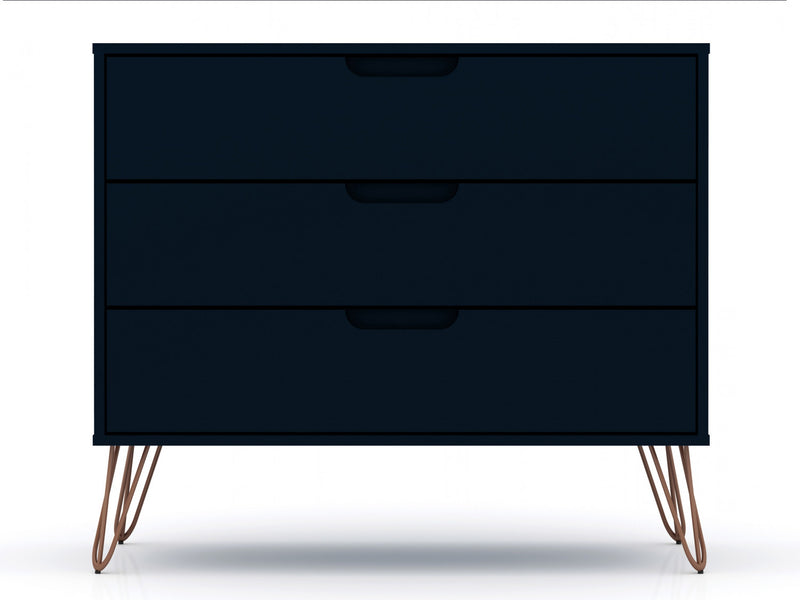 Commode Rockefeller Mid-Century Modern 89 cm en bleu minuit (3 tiroirs) – Lot de 2