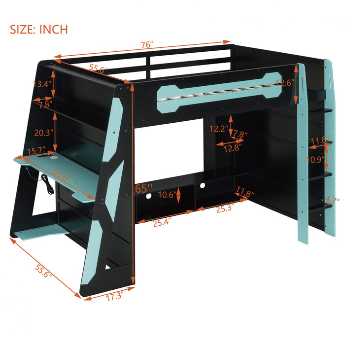 Olivia Lit mezzanine en bois avec bureau et etageres de rangement multiples, Lumiere RGB, Bleu
