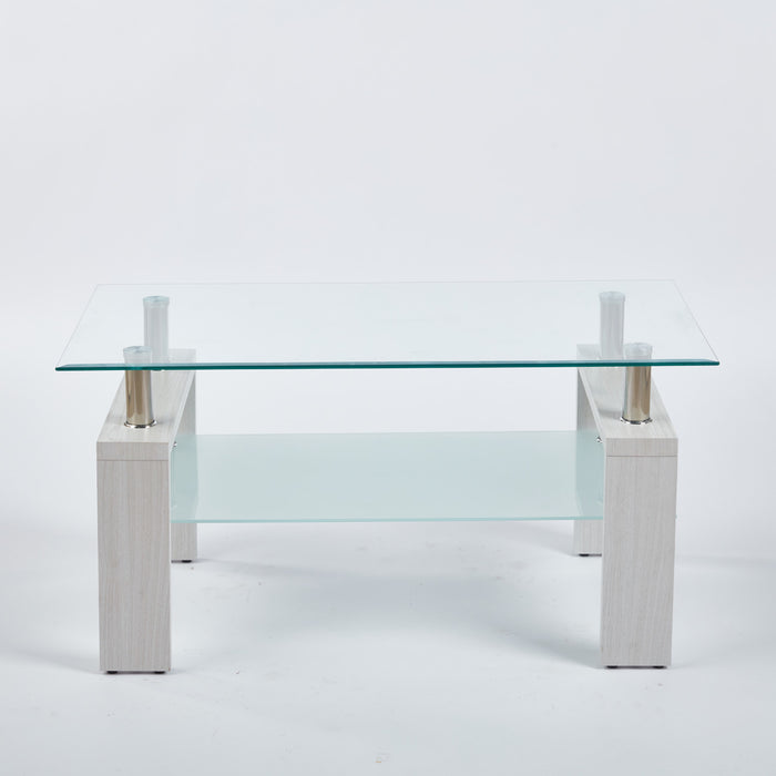 Table basse moderne Lucius au design geometrique en verre trempe avec cadre en metal et verre transparent, blanc