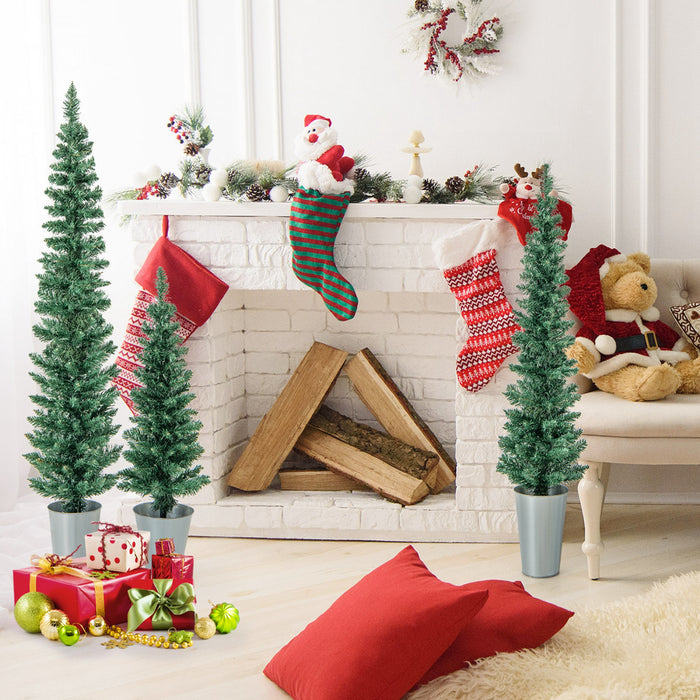 Lot De 3 Sapins De Noel Artificiels 90-120-150 Cm, Arbres En Crayon Fin, 120-140-160 Pointes De Branches, Bases Metalliques Avec Ciment, Arbres D'entree En Pot, Decoration De Noel Interieure