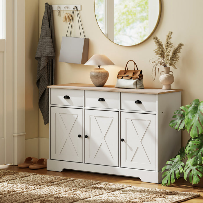 HOMCOM Buffet de 46.5\" avec 3 portes de style grange et 3 tiroirs, blanc