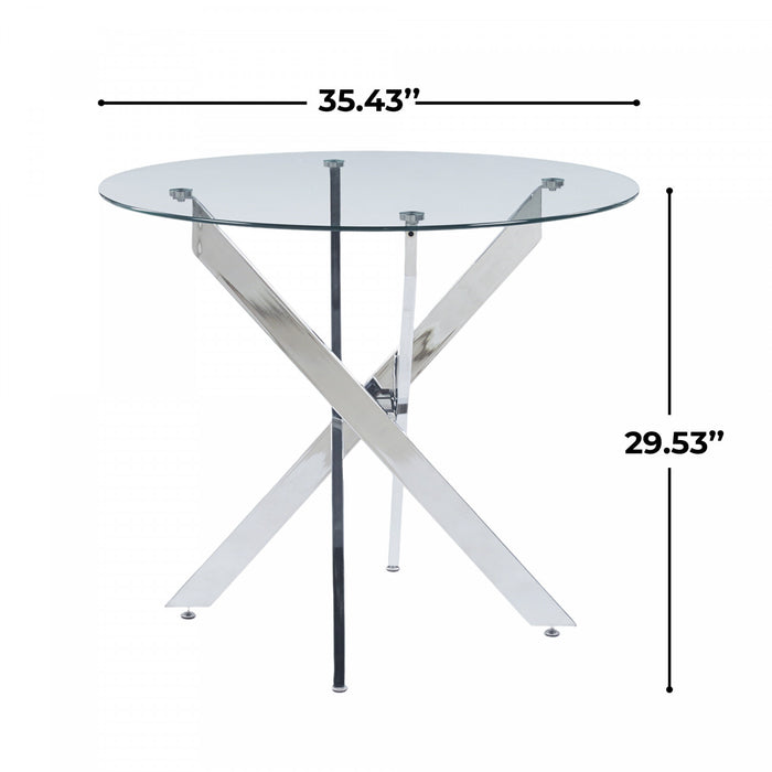 Table a manger ronde multifonctionnelle Alex avec plateau en verre, finition chrome