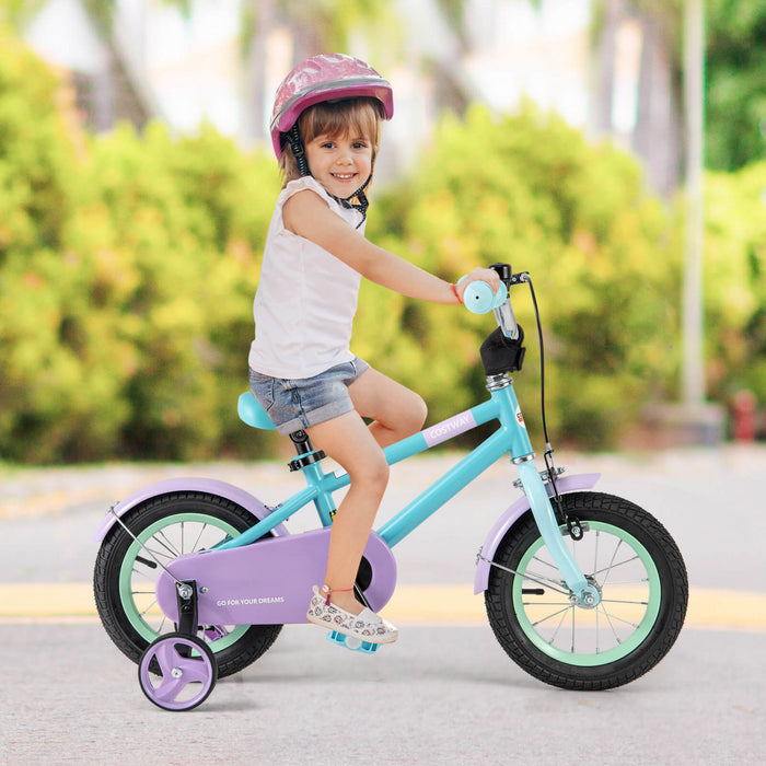 Costway 12\" Velo Pour Enfants Avec Guidon Reglable De Selle Roues D'entrainement Amovibles Frein A Main Bleu