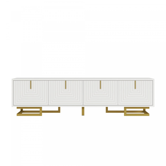 Aspect Meuble TV 63 po avec Portes Texturees et Pieds Dores, Blanc