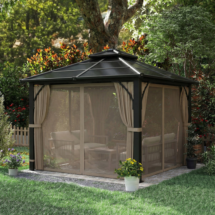Outsunny Tonnelle 3 x 3 m avec Toit Rigide en Polycarbonate et Rideaux, Kaki