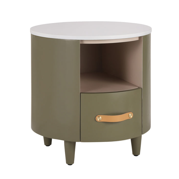 La table de nuit moderne Olivia au design incurve avec tiroir de rangement, couleur verte