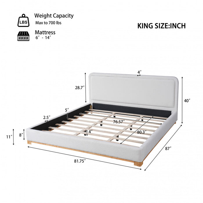 Lit plateforme Ethan a profil bas en boucle avec tete de lit courbee rembourree, taille king, blanc
