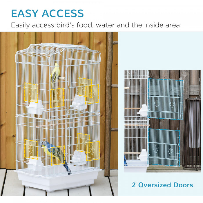 Pawhut 36\" Cage A Oiseaux Ara Maison De Jeu Cacatoes Perroquet Cage De Vol 2 Portes Perchoir 4 Mangeoire Fournitures Pour Animaux Blanc
