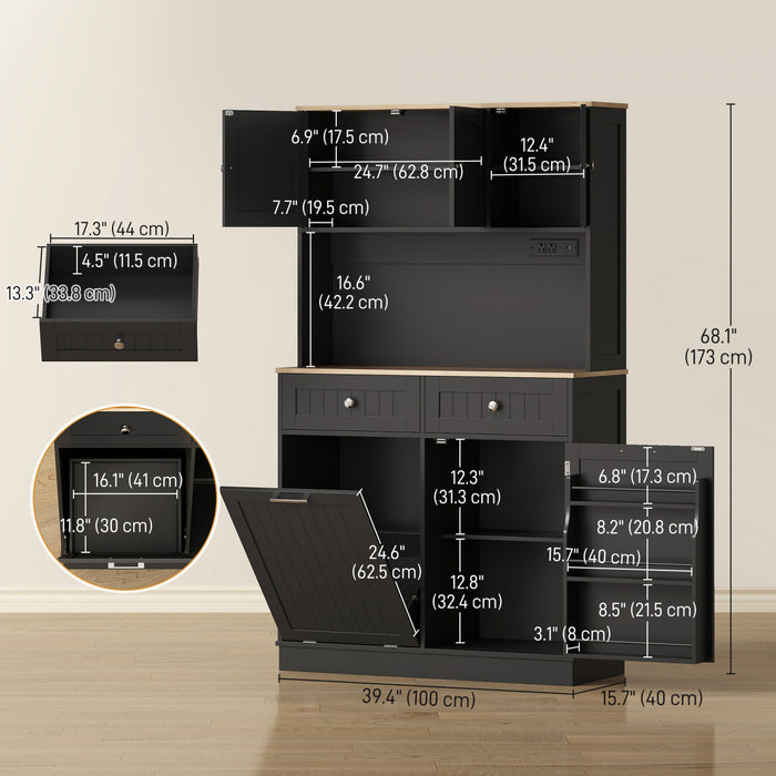 HOMCOM Armoire garde-manger, meuble de cuisine avec station de charge, Noir