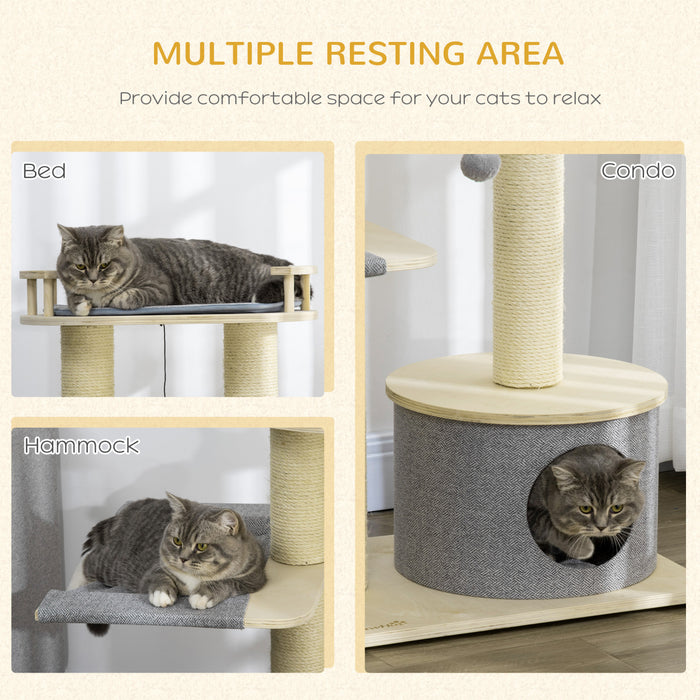 Pawhut 35\" arbre A Chat, Centre D'activites Pour Chat, Jouet D'escalade De Chat En Bois, Tour De Chat Avec Lit Hamac Condo Coussin Lavable Suspension Boule Jouet Griffoir, Neutre