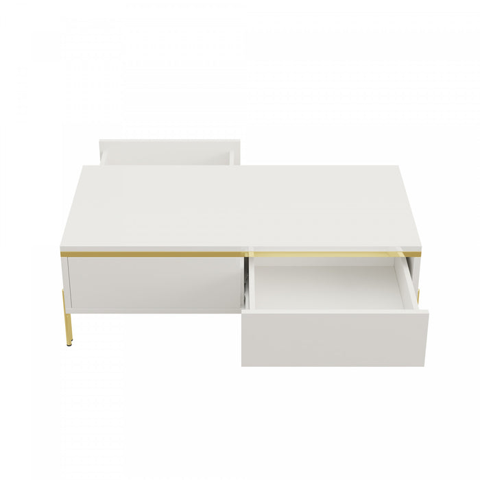Lustra Table Basse Moderne Haute Brillance 39.4 po avec Double Tiroirs et Accents Dores, Blanc