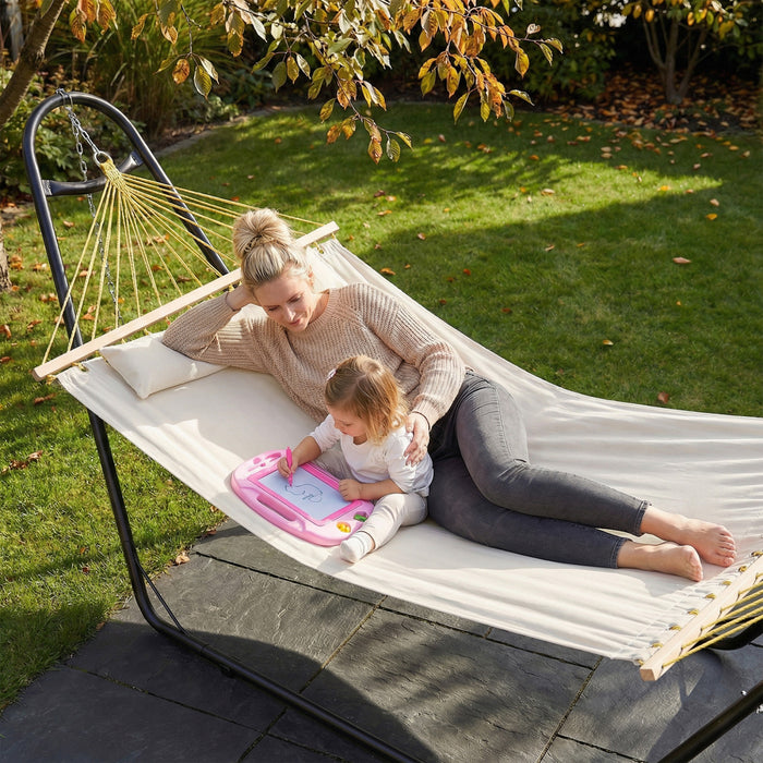 Hamac Outsunny avec support, oreiller amovible, capacite de 120 kg, blanc creme