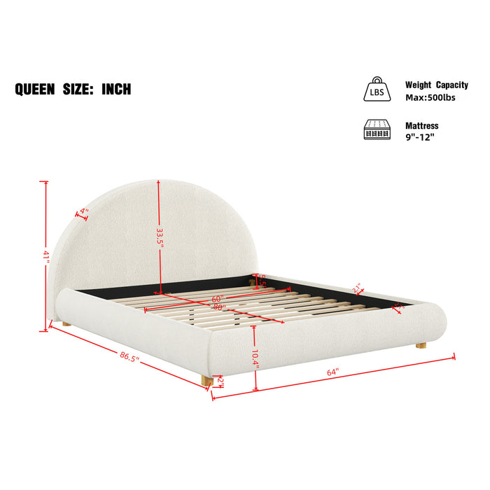 Lit plateforme Harold avec tete de lit incurvee ronde en tapisserie bouclee et cadre bas, taille Queen, blanc