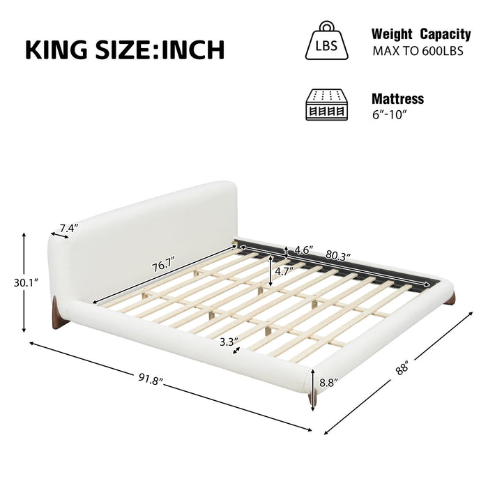 Cadre de lit plateforme Emma a profil bas avec tete de lit courbee et revetement en boucle, taille queen, blanc creme