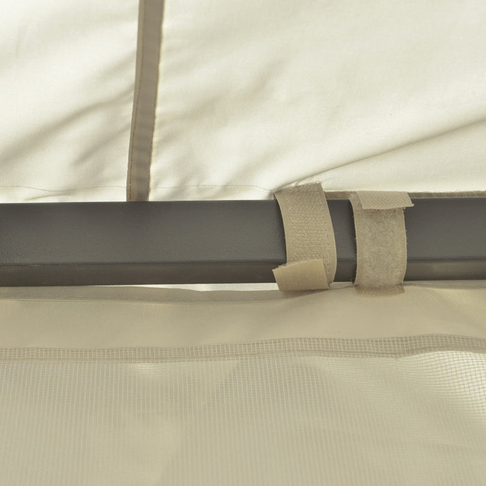 Auvent De Tonnelle De Terrasse Exterieure Outsunny 12 Pi X 10 Pi Avec Toit A Deux Niveaux, Parois Laterales En Maille Amovibles, Etageres De Presentation Triangulaires, Beige