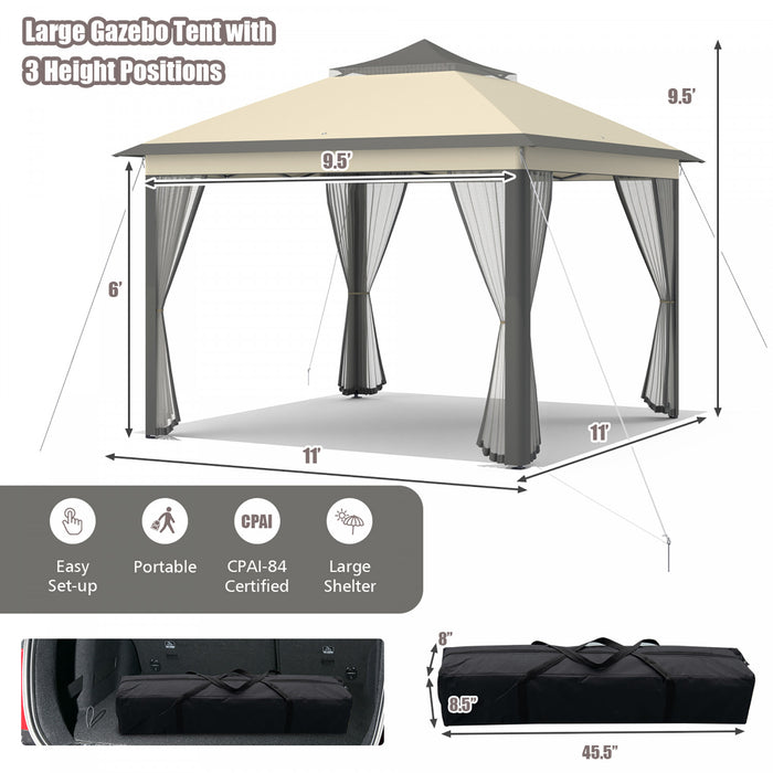 Costway 11’x11’ 2-tier Tente Pop-up Gazebo Abri A Canopy Portatif Sac De Transport Maille Brun
