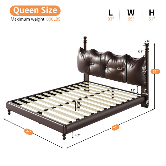 Cadre de lit plateforme en simili cuir Emma avec tete de lit, taille Queen, marron fonce