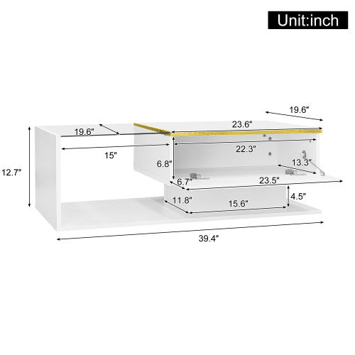 Maxwell Table Basse Haute Brillance de 39,4\" avec Verre et Effet LED, Blanc