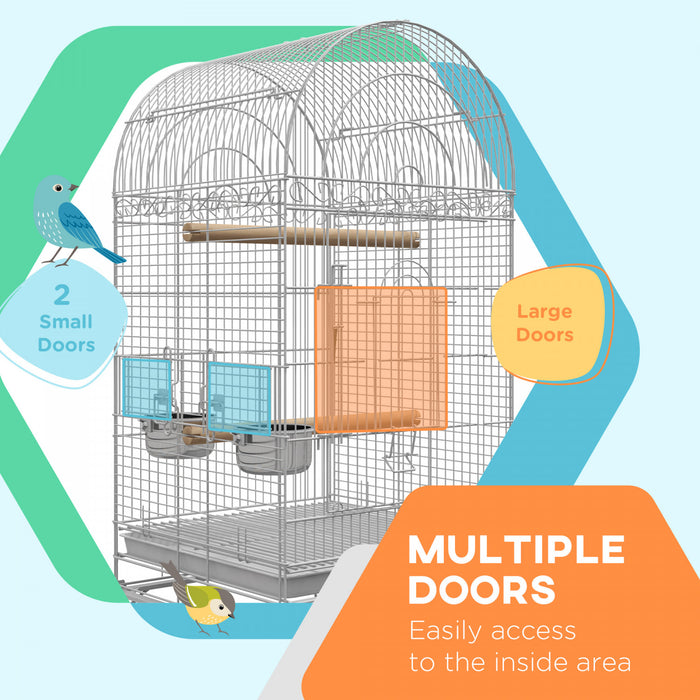 Pawhut Cage A Oiseaux A Dessus Ouvert De 60\" Pour Pinsons, Canaris, Perruches, Avec Support Roulant, Plateau Amovible, Etagere De Rangement