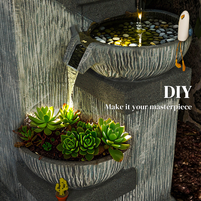 Outsunny Fontaine a Cascade Exterieure a 4 Niveaux 85 cm avec Lumieres LED et Pompe, Gris