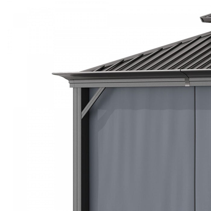 Outsunny 12' X 10' Tonnelle D'exterieur A Toit Rigide Avec Auvent En Acier Galvanise Et Parois Laterales En Filet Pour La Pelouse, Le Jardin, Gris Fonce