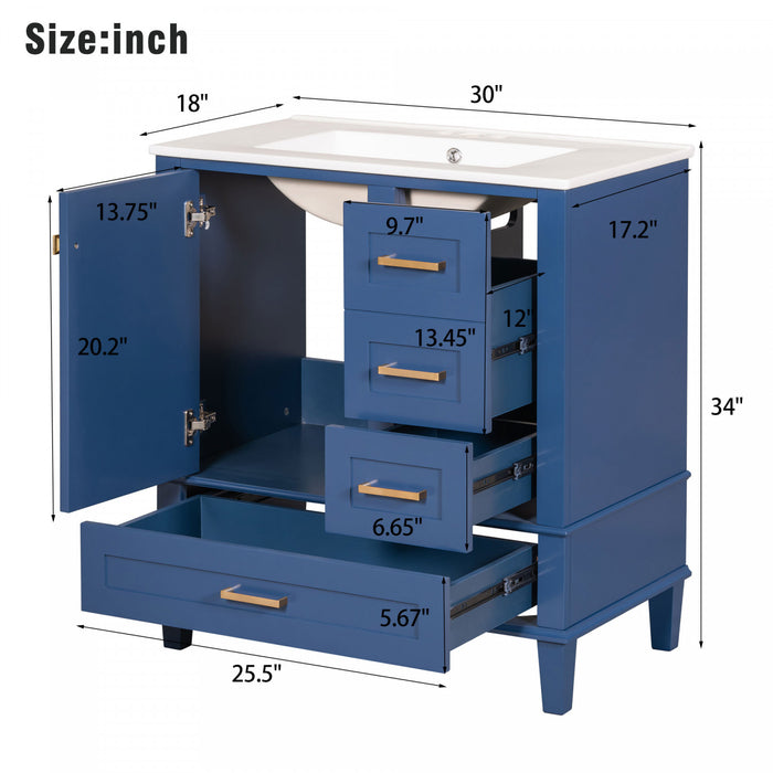 Olivia meuble de salle de bain 30\" avec vasque et tiroirs de rangement, bleu