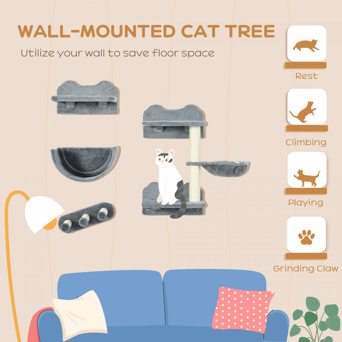 Pawhut Grimpeur Mural Pour Chat Avec Hamac, Griffoir, 3 Marches, Plateformes De Saut, Etagere Murale Pour Chat Pour Se Detendre, Dormir, Grimper, Mobilier Mural Pour Chat D'interieur - Gris