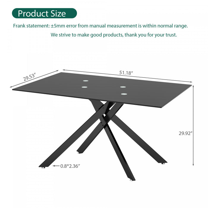 Table a manger rectangulaire en verre trempe de 51,18\" Ethan avec pieds metalliques elegants, noire